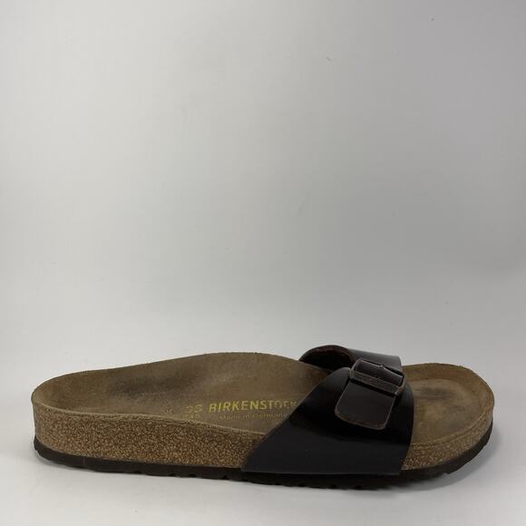 Birkenstock Madrid Sandals Womens Size 38 US 7-7.5 Brown Patent Leather Slides - Picture 1 of 9
